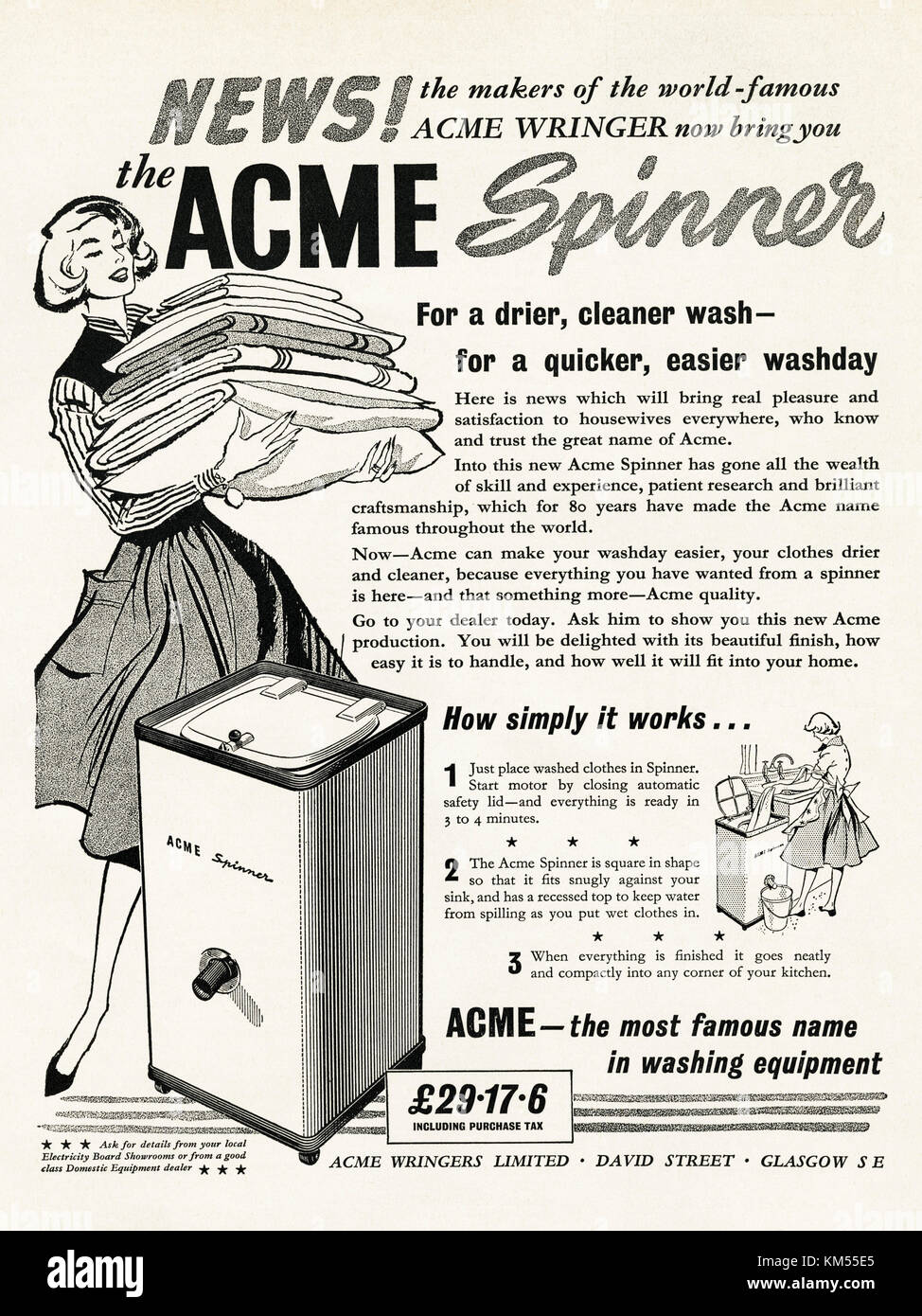 1950s old vintage original advert british magazine print advertisement advertising Acme spin dryer by Acme Wringers Limited of Glasgow Scotland UK dated 1958 Stock Photo