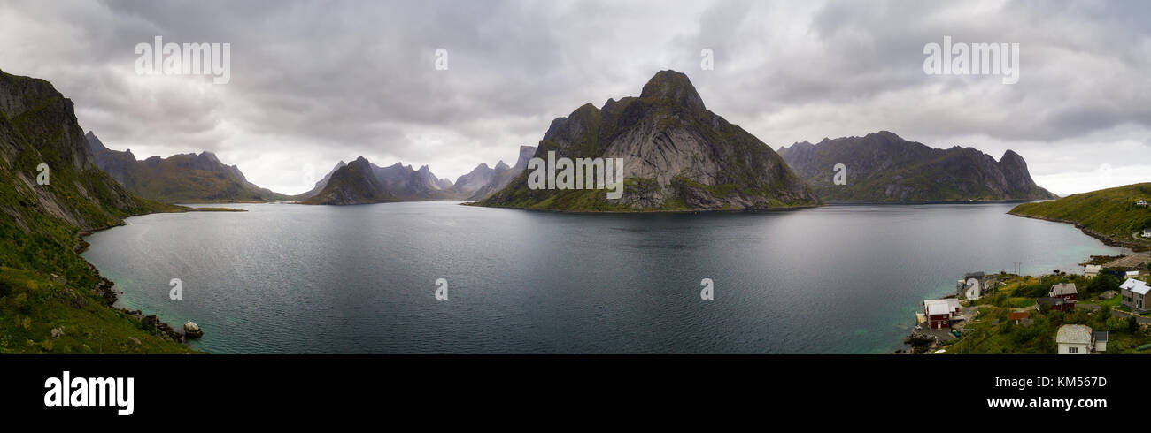 Aerial view of a Kirkefjord and Mount Olstind on Lofoten islands Stock Photo