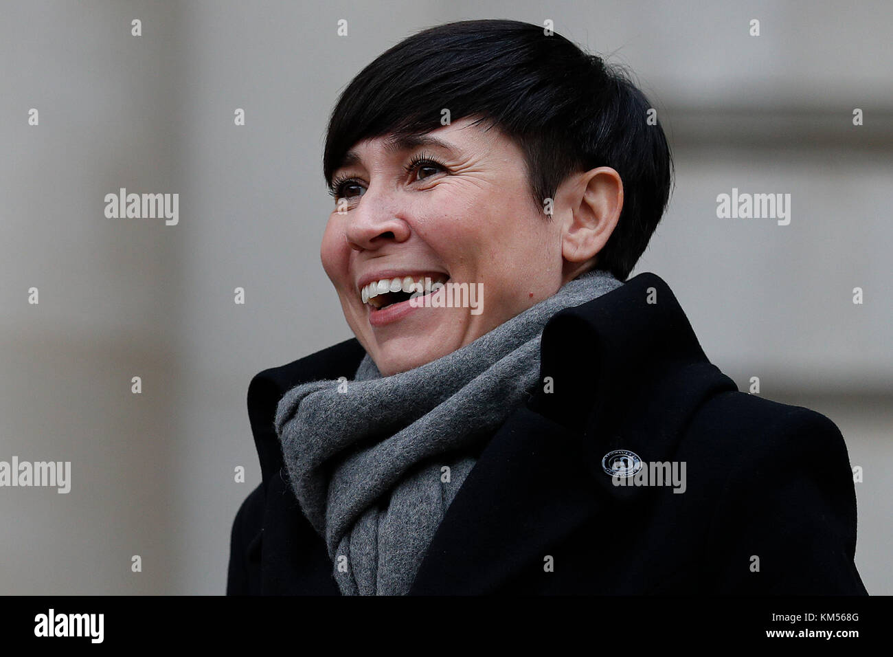 Norway's Foreign Secretary Ine Eriksen Soreide speaks during the unveiling of a Christmas tree, gifted by Norway with Foreign Secretary Boris Johnson outside The Foreign and Commonwealth Office (FCO) in London, after their bilateral talks. Stock Photo