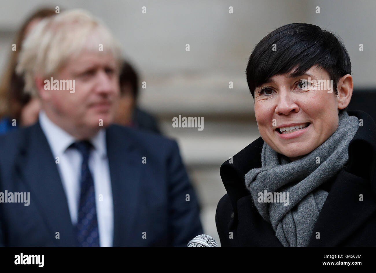 Norway S Foreign Secretary Ine Eriksen Soreide Speaks During The Unveiling Of A Christmas Tree Gifted By Norway With Foreign Secretary Boris Johnson Outside The Foreign And Commonwealth Office Fco In London After