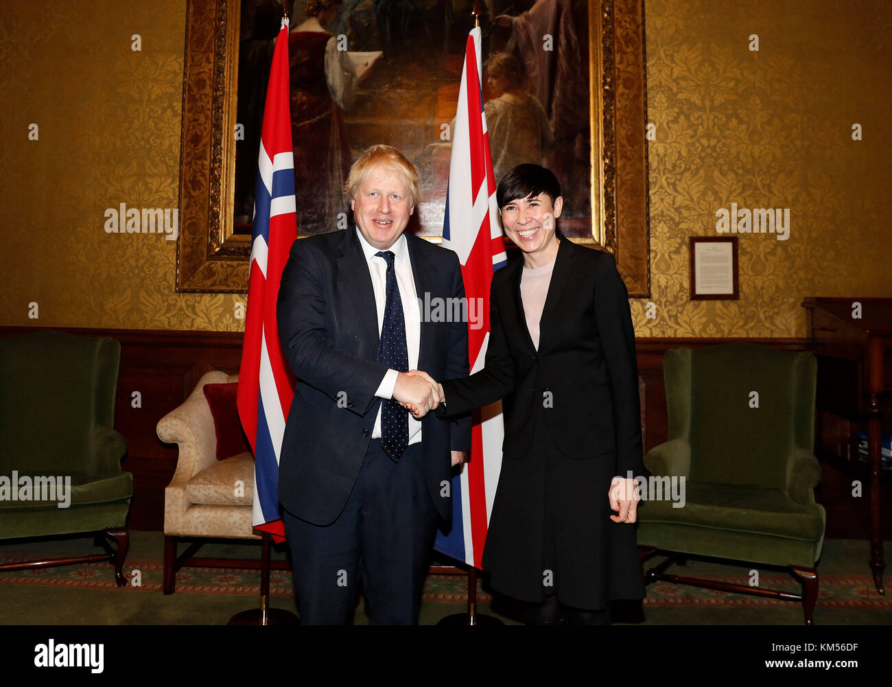 Norway's Foreign Secretary Ine Eriksen Soreide with Foreign Secretary Boris Johnson in The Foreign and Commonwealth Office (FCO) in London, before their bilateral talks. Stock Photo