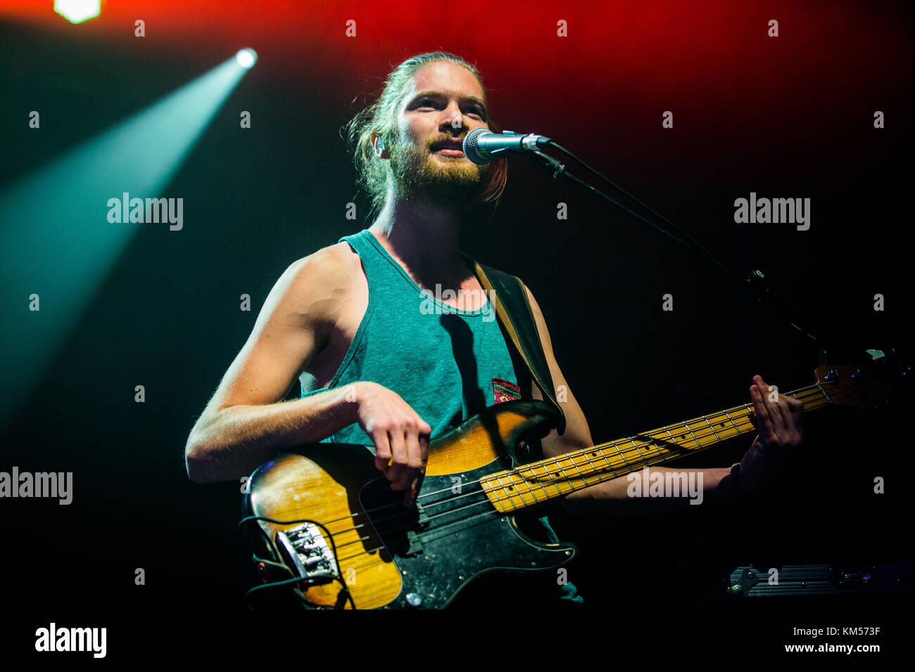 The German singer-songwriter and musician Joris Buchholz is best known just as Joris and here performs a live concert at the German music festival Traumzeit Festival 2015 in Duisburg. Here live band member Tobias Voges on bass is pictured live on stage. Germany, 20/06 2015. Stock Photo
