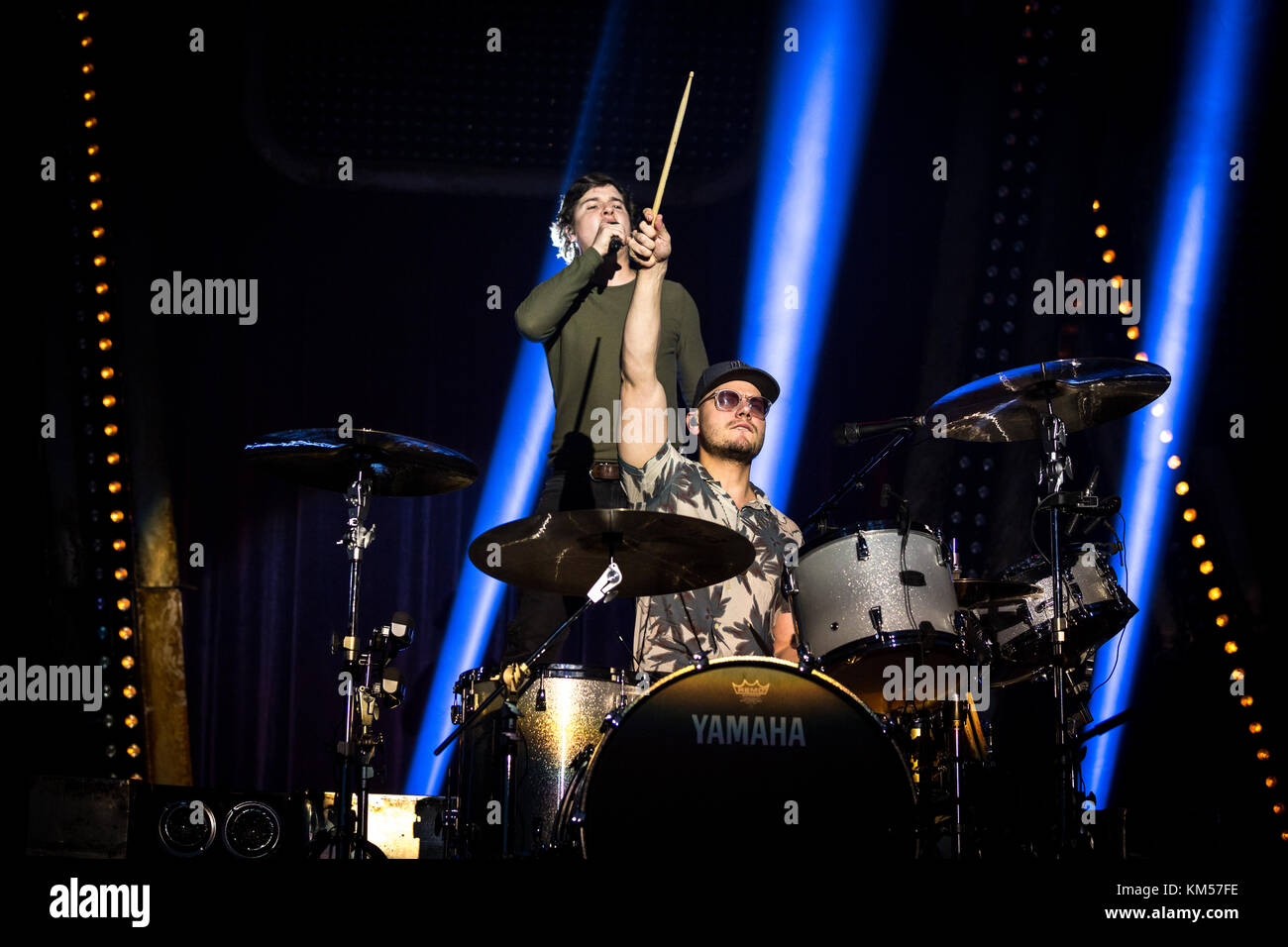 The Danish band Lukas Graham performs a live concert at the Mitsubishi Electric Halle in Düsseldorf. Here singer and songwriter Lukas Forchhammer is seen live on stage with drummer Mark Falgren. Germany, 13/03 2017. Stock Photo
