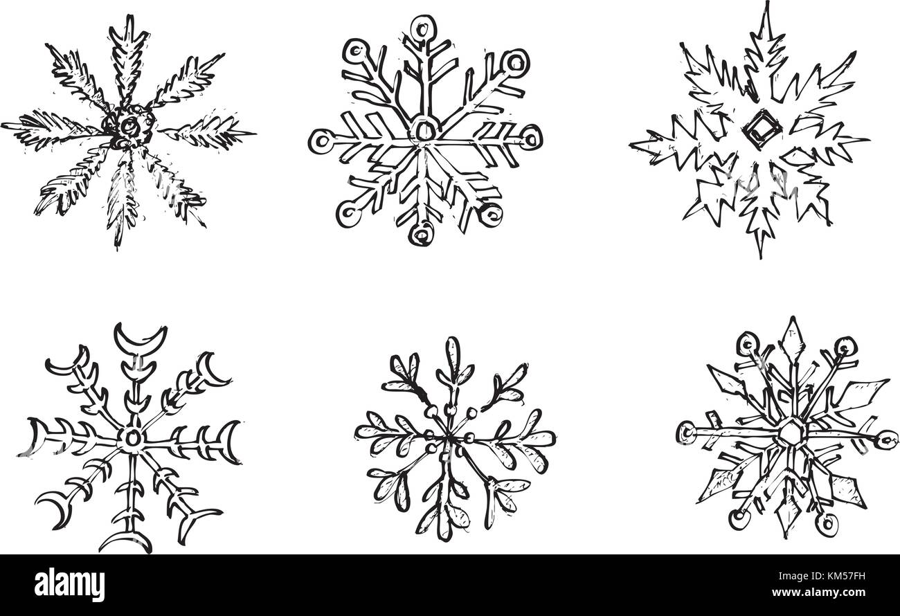 Illustration Hand Drawn Sketch of Various Style of Snowflakes in Different Shapes and Forms Isolated on White Background, Sign for Start Christmas Cel Stock Vector
