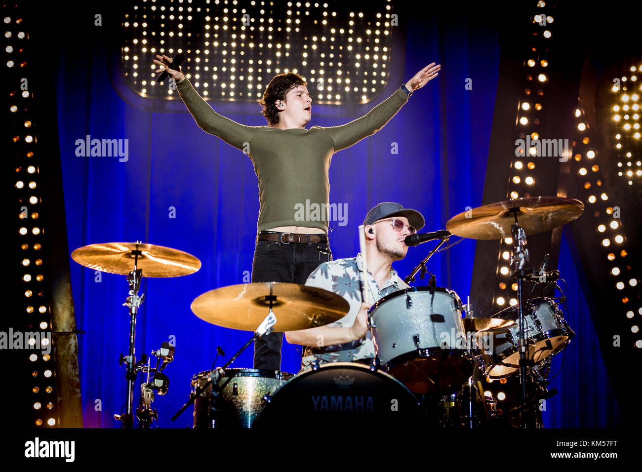The Danish band Lukas Graham performs a live concert at the Mitsubishi Electric Halle in Düsseldorf. Here singer and songwriter Lukas Forchhammer is seen live on stage with drummer Mark Falgren. Germany, 13/03 2017. Stock Photo