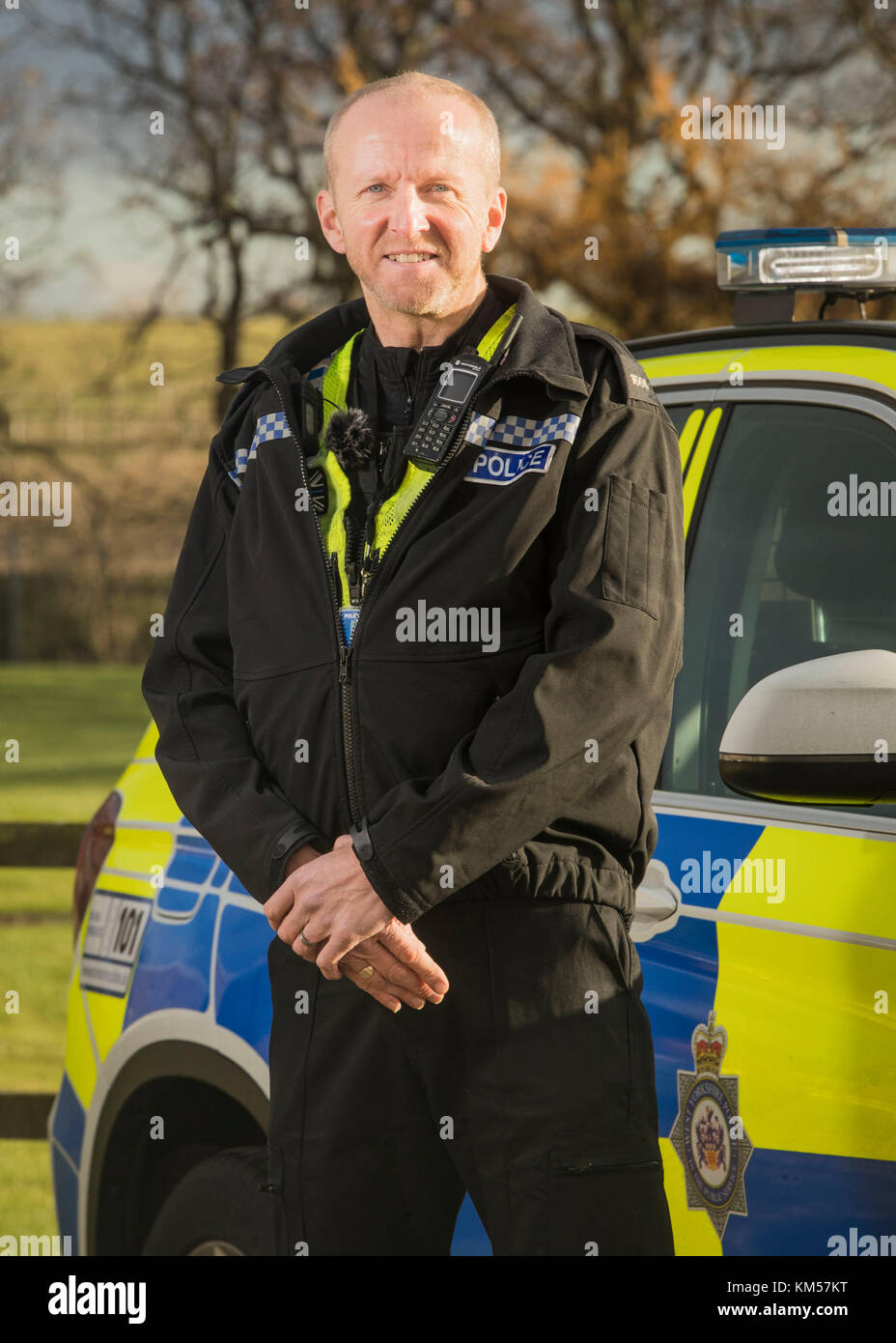 Pc Martin Willis, who clung on to a crashed van to stop it falling from a bridge on Friday morning, during a press call at the West Yorkshire Police Carr Gate operations centre near Wakefield. Stock Photo