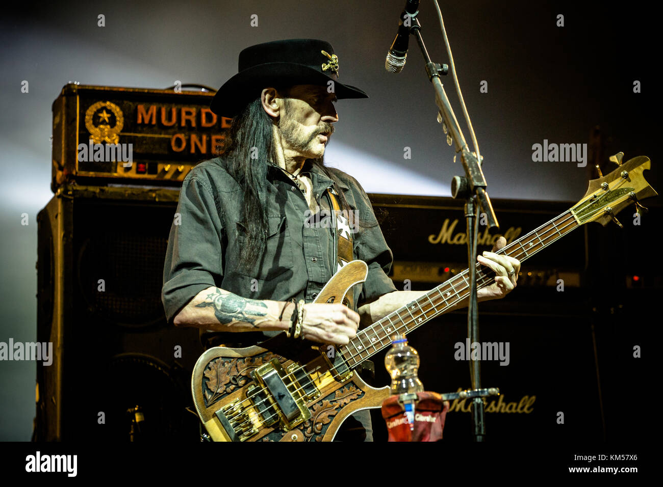 The English hard rock band Motörhead performs a live concert at the  Mitsubishe Electric Halle in Düsseldorf. Here bassist, womanizer and  vocalist Lemmy is seen live on stage. Germnay, 17/11 2015 Stock