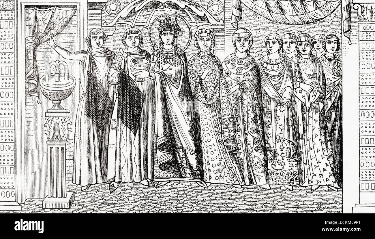The Empress Theodora and her attendants, from a mosaic in St. Vitale at Ravenna, Italy. Theodora, 500 –  548.  Empress of the Byzantine Empire by marriage to Emperor Justinian I.  From Ward and Lock's Illustrated History of the World, published c.1882. Stock Photo