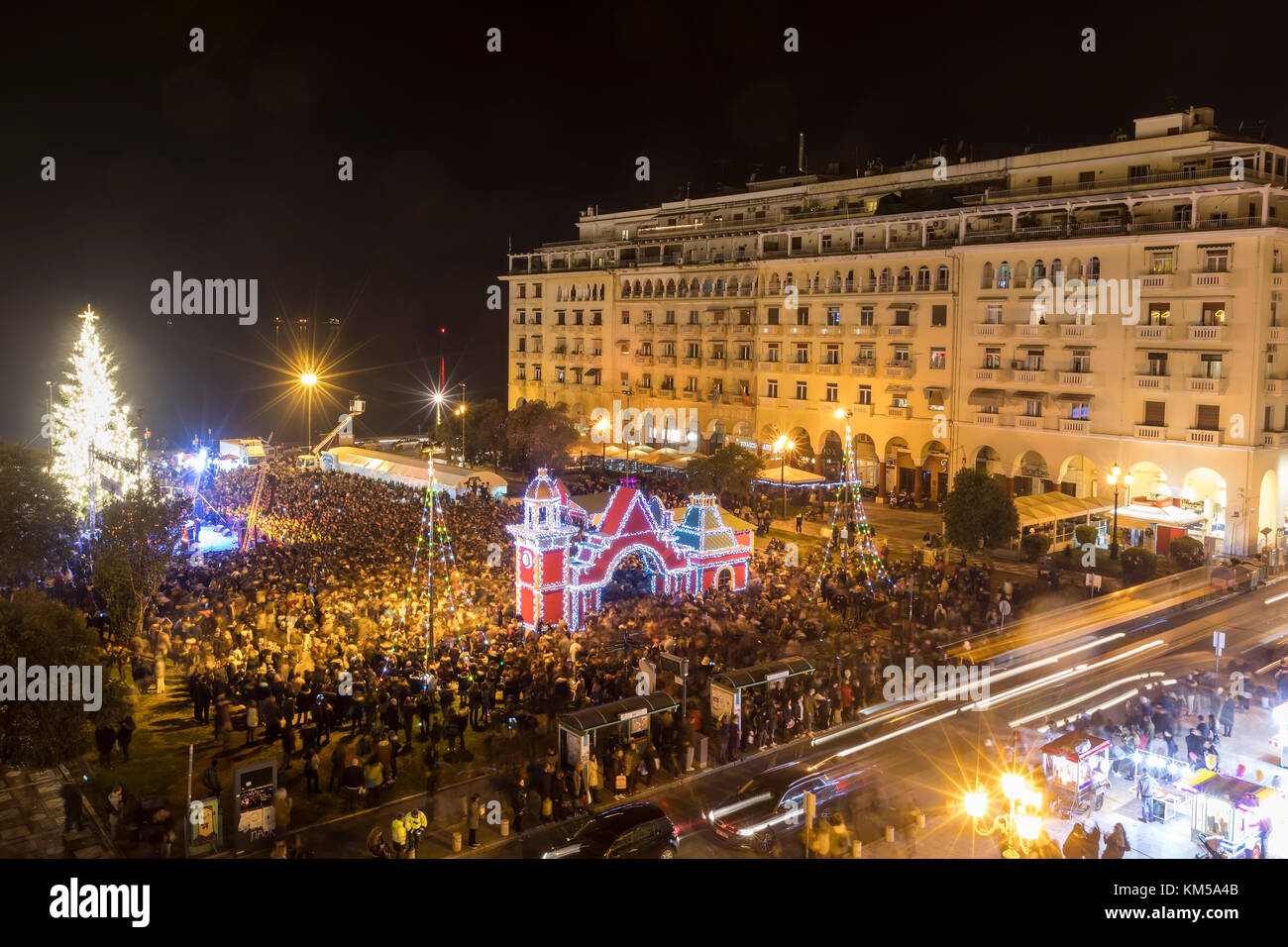 Thessaloniki, Greece - November 30, 2017: Crowd of people in Aristotle's square in Thessaloniki sees the Christmas tree during the Christmas Period.   Stock Photo