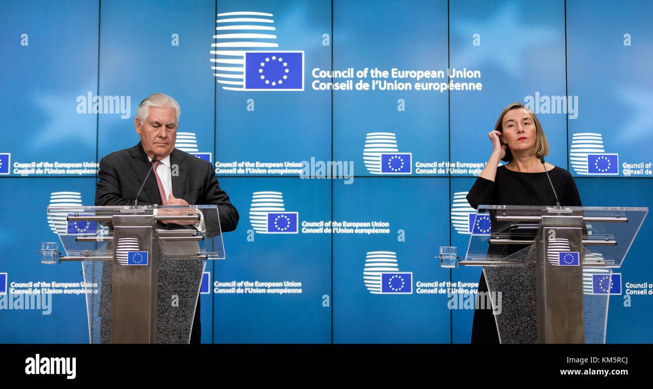 Brussel, Belgium. 05th Dec, 2017. US Secretary of State Rex Tillerson (L) and the EU High Representative of the Union for Foreign Affairs and Security Policy/Vice-President of the Commission Federica Mogherini (R) are talking to media during a joint press conference at the European Union Council building Credit: Andia/Alamy Live News Stock Photo