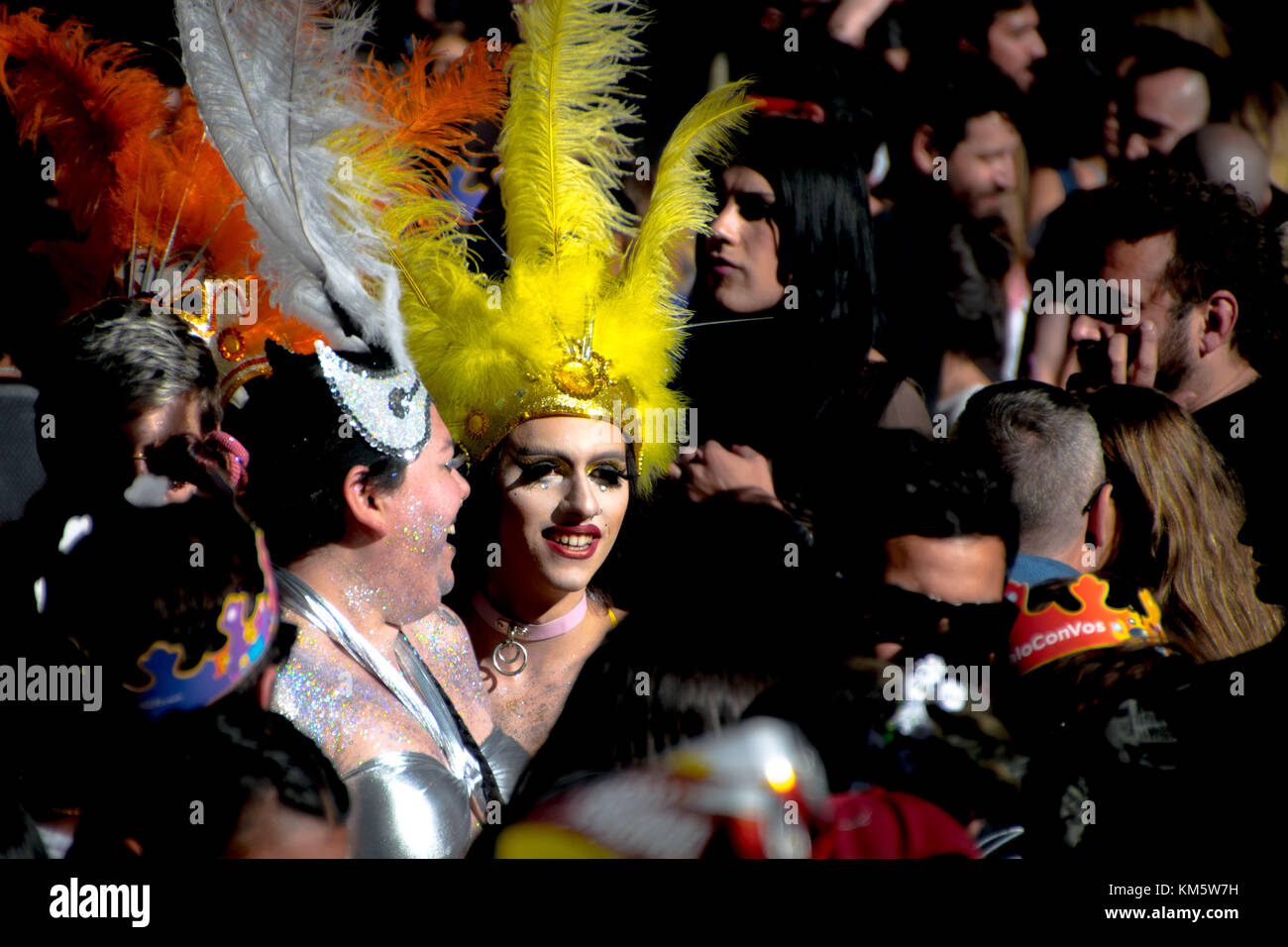 November 18, 2017 - Buenos Aires, Ciudad AutÃ³noma de Buenos Aires, Argentina - Surrounded by a sea of people, two fabulous, feathered queens smile at supporters. Thousands of pride supporters marched from Plaza de Mayo to Congreso de la NaciÃ³n during the city's 26th annual Marcha del Orgullo Gay Credit: Jason Sheil/SOPA/ZUMA Wire/Alamy Live News Stock Photo