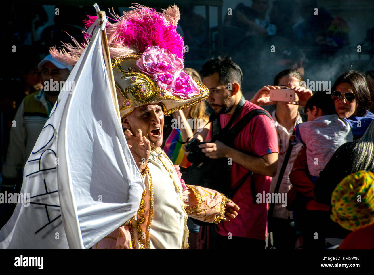 November 18, 2017 - Buenos Aires, Ciudad AutÃ³noma de Buenos Aires, Argentina - A costumed parade leader chants slogans among spectators and supporters. Thousands of pride supporters marched from Plaza de Mayo to Congreso de la NaciÃ³n during the city's 26th annual Marcha del Orgullo Gay Credit: Jason Sheil/SOPA/ZUMA Wire/Alamy Live News Stock Photo