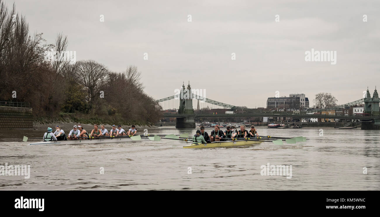 London, UK. 5th Dec, 2017. Boat Race Trial VIIIs (Eights) are the only opportunity either side have to race the full course from Putney to Mortlake with the Race Umpires, so provide an important test for rowers and coxes alike.  They allow coaching teams to analyse the progression and potential and are often influential in final selection of crews for the Blue Boats. The first Trial Eights race was staged by Oxford 153 years ago in 1859 and Cambridge joined the tradition three years later in 1862. Credit: Duncan Grove/Alamy Live News Stock Photo