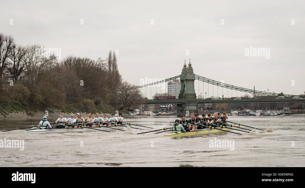 London, UK. 5th Dec, 2017. Boat Race Trial VIIIs (Eights) are the only opportunity either side have to race the full course from Putney to Mortlake with the Race Umpires, so provide an important test for rowers and coxes alike.  They allow coaching teams to analyse the progression and potential and are often influential in final selection of crews for the Blue Boats. The first Trial Eights race was staged by Oxford 153 years ago in 1859 and Cambridge joined the tradition three years later in 1862. Credit: Duncan Grove/Alamy Live News Stock Photo