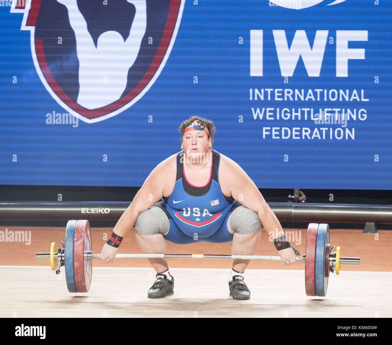 Anaheim, California, USA. 5th Dec, 2017. Sarah Robles, of the United States, competes in the Snatch Lift. Sarah Robles, of the United States took first place in both the Snatch Lift as well as the Clean and Jerk Lift to take the over all 2017 International Weightlifting Championship in the Womens Plus 90 Group A division with a final score of 284 and besting a field of 9 competitors. Credit: ZUMA Press, Inc./Alamy Live News Stock Photo