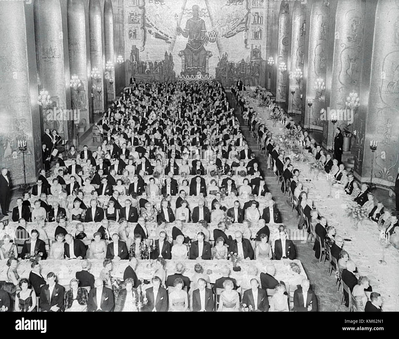 The Nobel Dinner held in the Golden Hall (Gyllene Salen) in 1950 was a prestigious event honoring the Nobel laureates of that year. It is a key moment in the tradition of the Nobel Prize celebrations. Stock Photo
