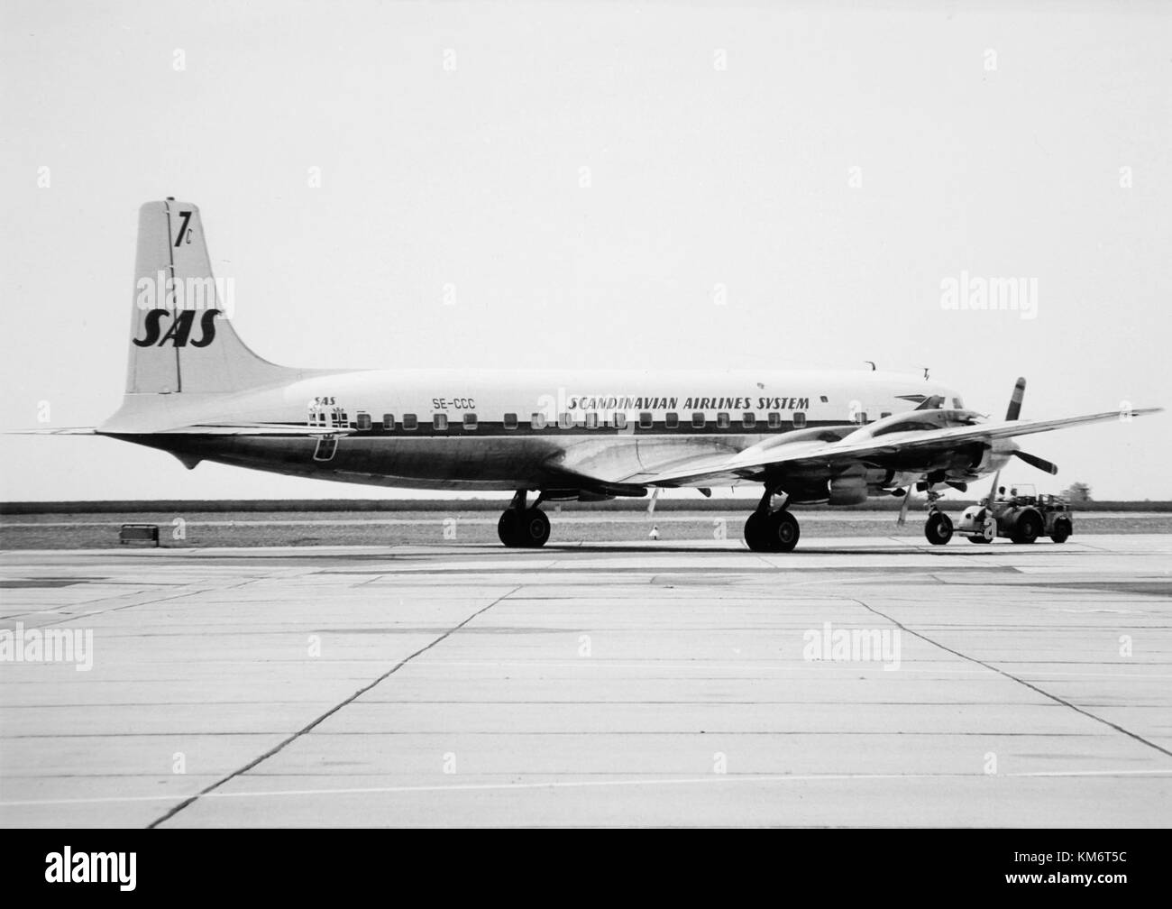 SAS DC 7C, Stig Viking SE CCC on the ground, at the airport 1960s Stock ...