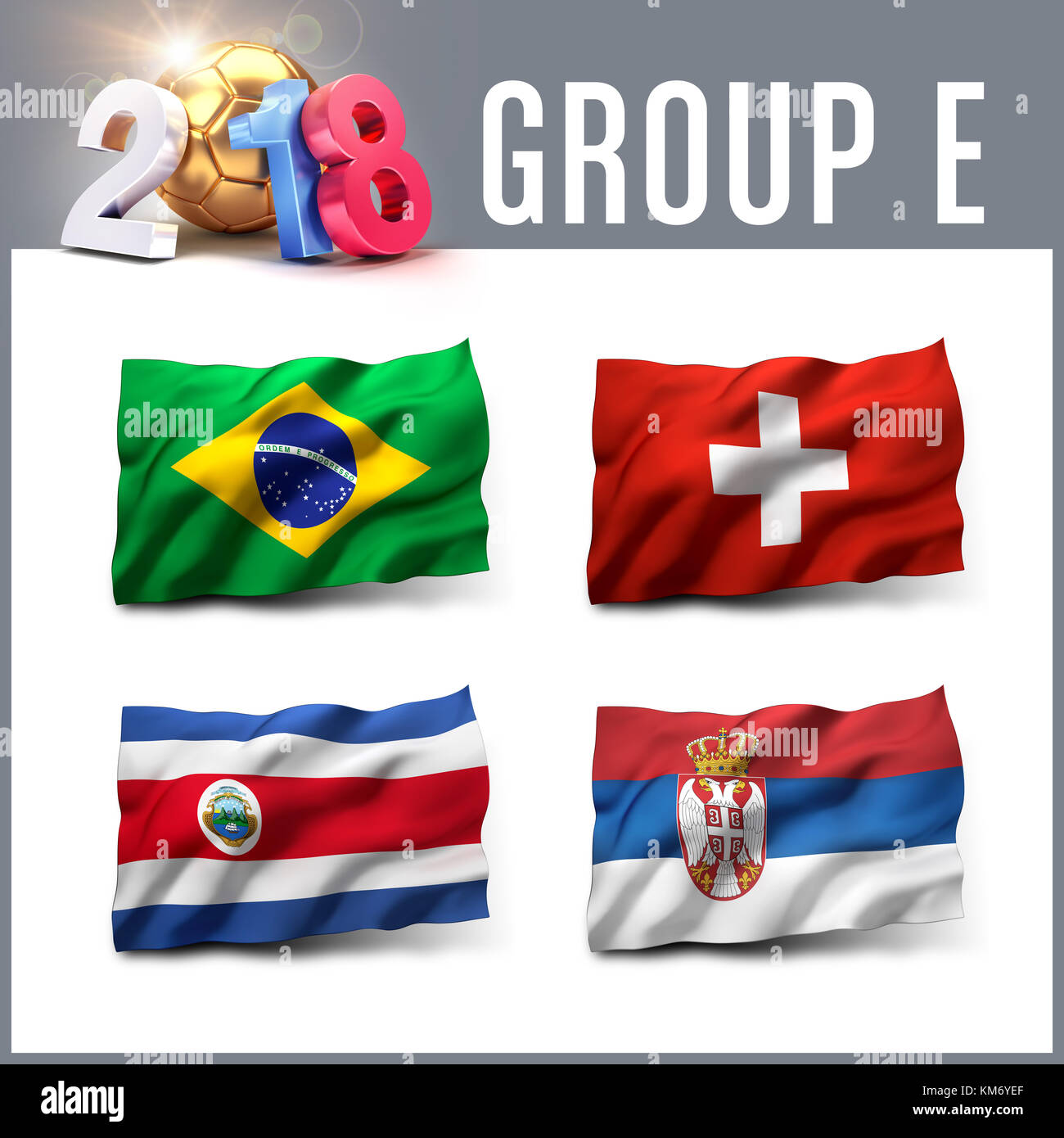 Russia 2018 qualifying group E with team flags. International soccer competition. 3D illustration. Stock Photo