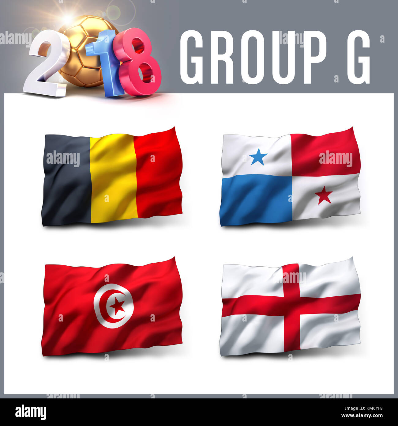Russia 2018 qualifying group G with team flags. International soccer competition. 3D illustration. Stock Photo