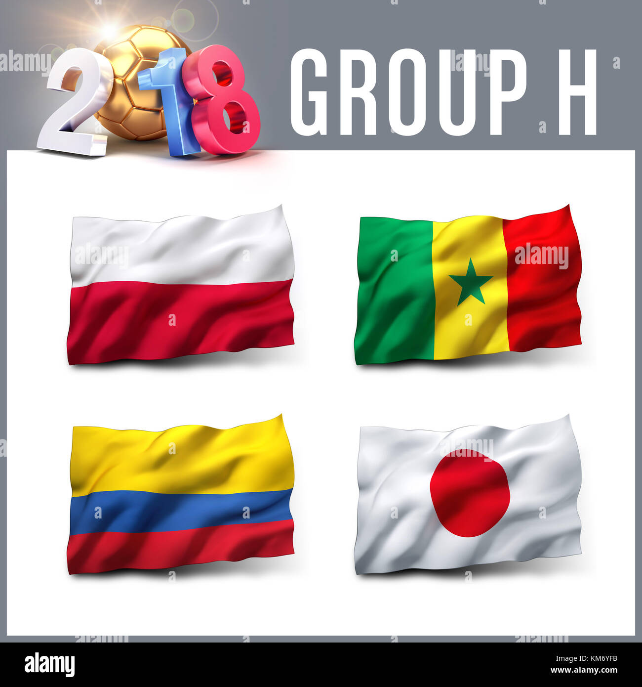 Russia 2018 qualifying group H with team flags. International soccer competition. 3D illustration. Stock Photo