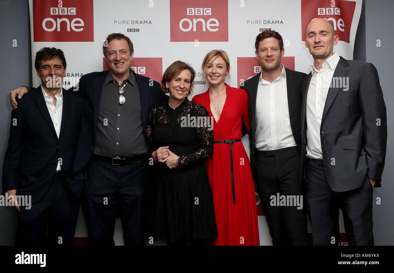 (left to right) Producer Hossein Amini, author Misha Glenny, host Kirsty Wark, actress Juliet Rylance, actor James Norton with creator and director James Watkins at a photocall for BBC One&Otilde;s McMafia at BAFTA in London. Stock Photo