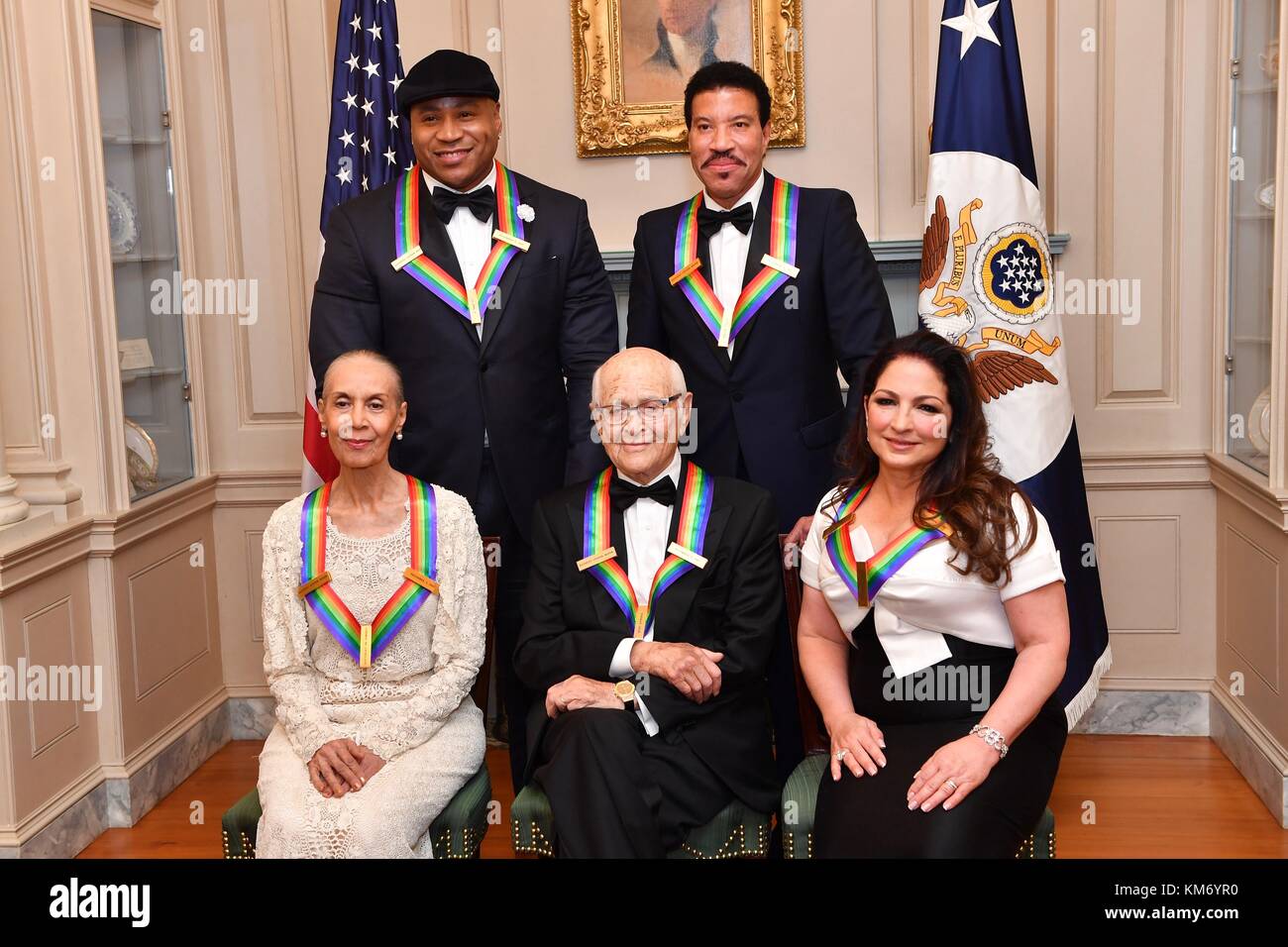The 2017 Kennedy Center Honor Award recipients pose for a group photo following the gala dinner at the Department of State December 2, 2017 in Washington, DC. First row left to right are: Carmen de Lavallade, Norman Lear and Gloria Estefan, second row: LL Cool J and Lionel Ritchie. Stock Photo