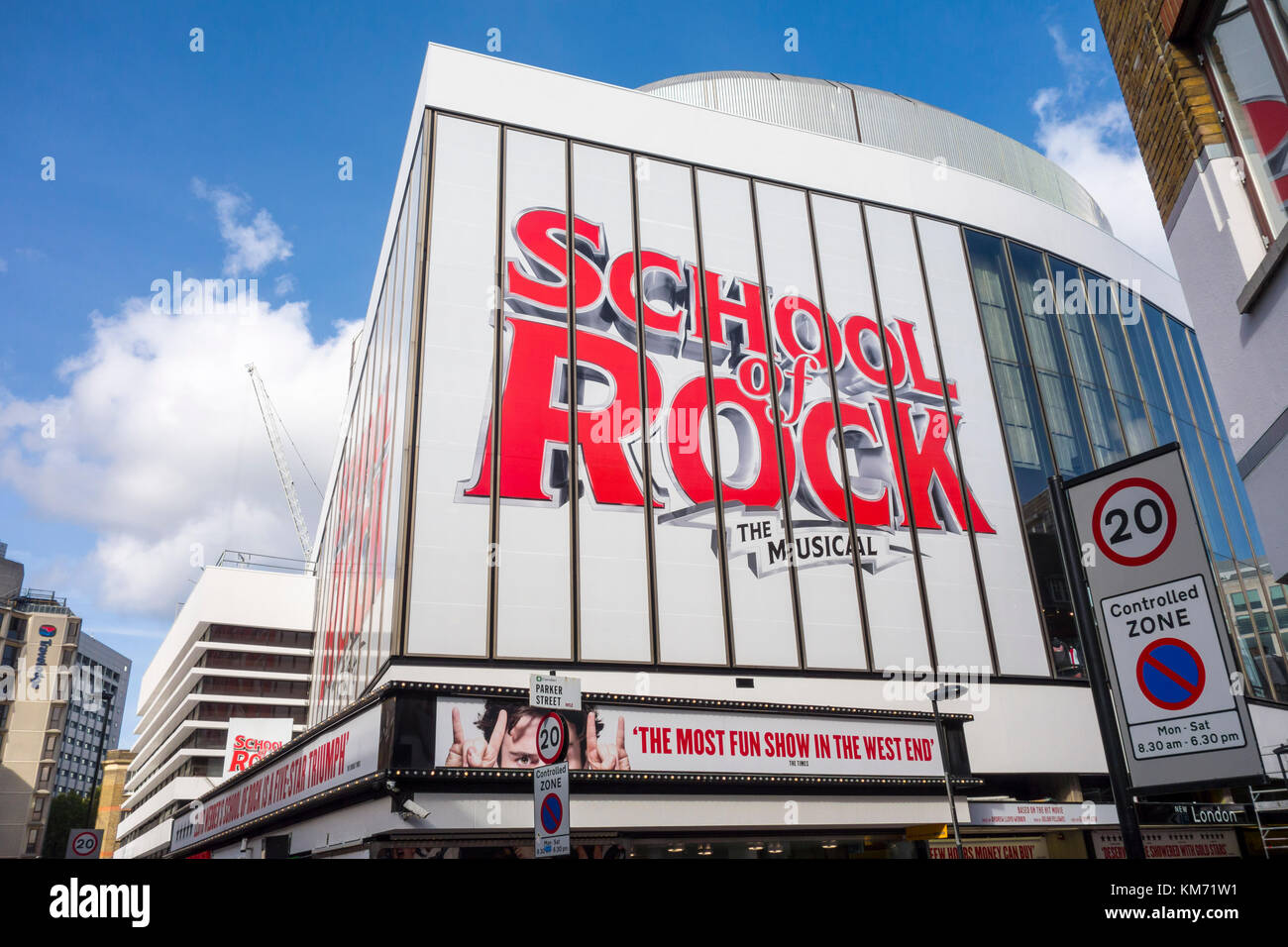 Exterior sign for School of Rock the Musical, by Julian Fellowes and Andrew Lloyd Webber. New London Theatre, Drury Lane, London, UK Stock Photo