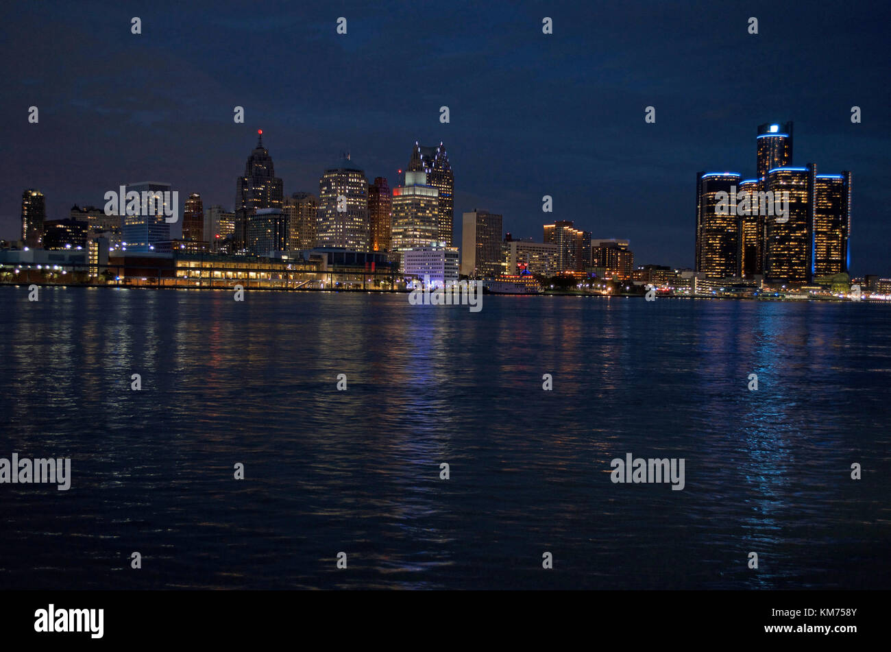 Detroit Panoramic View Of Skyline At Night, From Canada November 2017 Stock Photo