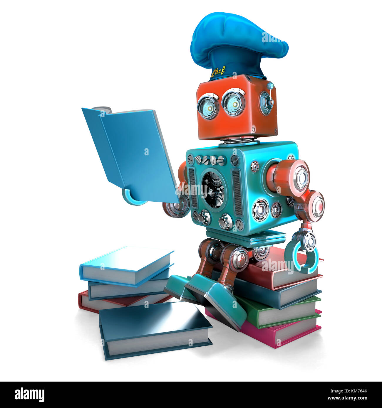 Robot Chef reading cookbook. 3D illustration. Isolated. Contains clipping path Stock Photo
