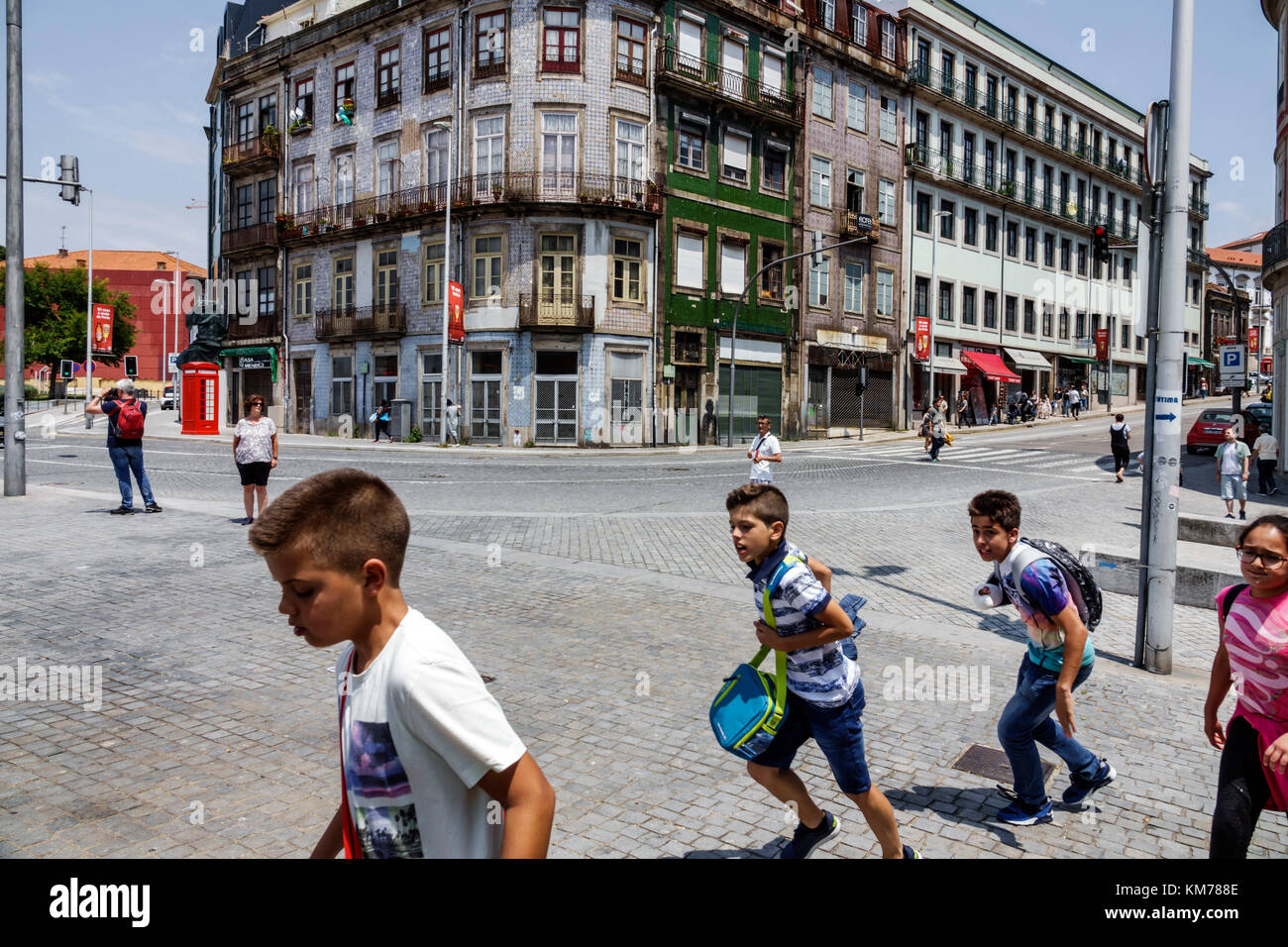 Porto Portugal,historic center,Calcada de Vandoma,residential apartment building,boy boys,male kid kids child children youngster youngsters youth yout Stock Photo