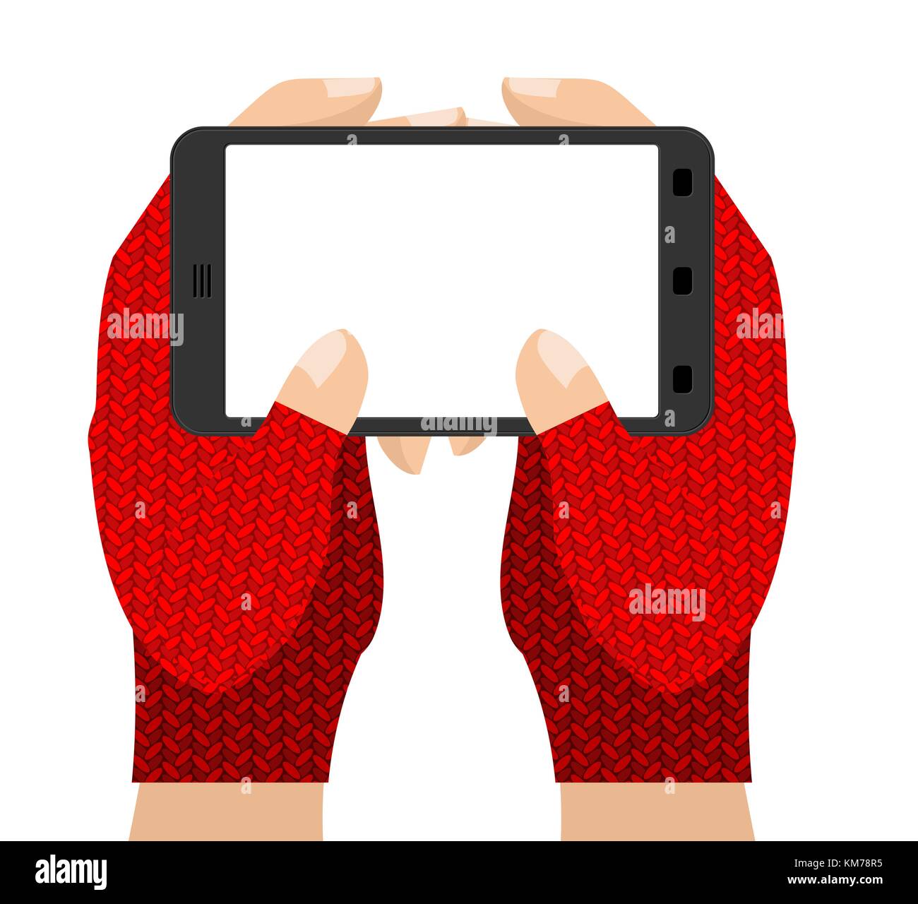 Hands in mittens hold phone. Winter gloves and gadget. Vector illustration Stock Vector