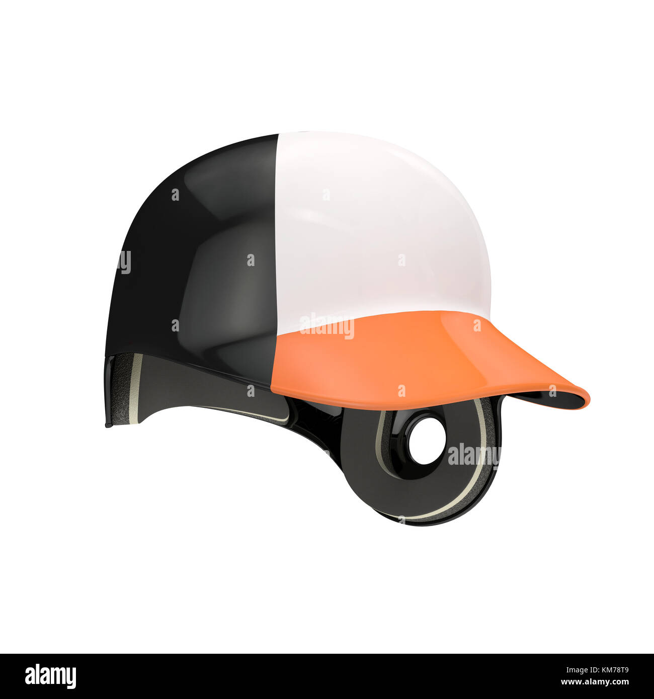 Baseball batting helmet with orange visor on white. 3D illustration
