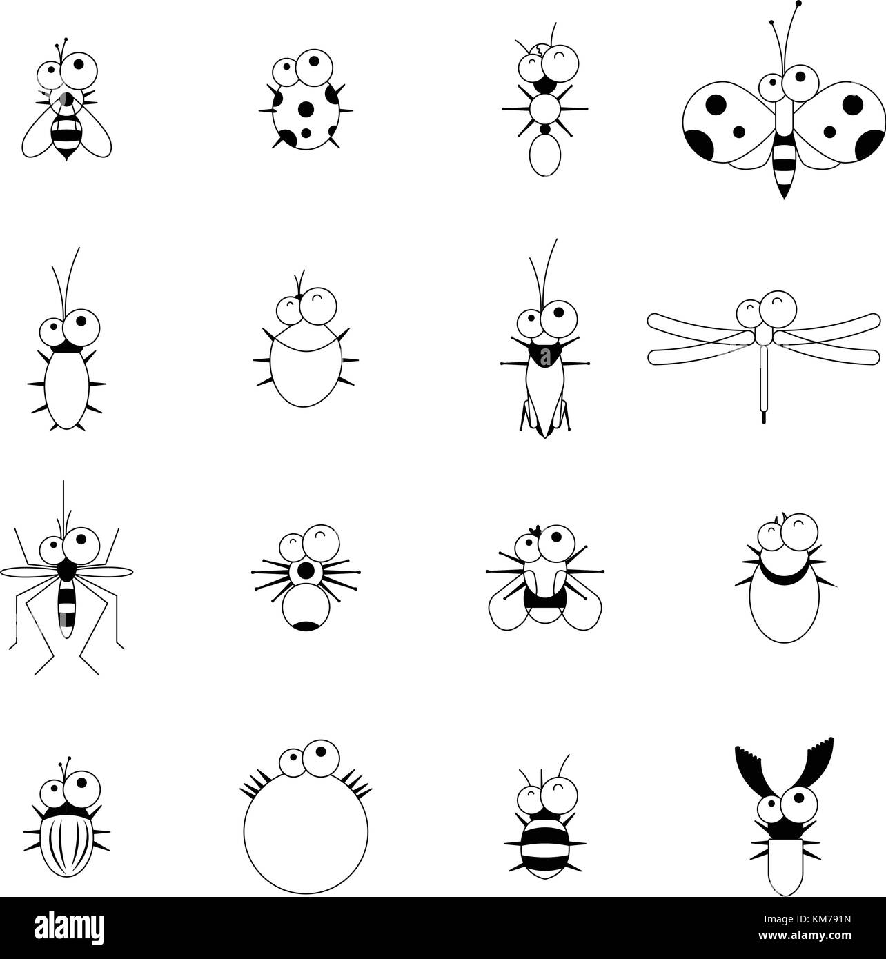 vector flat line funny cartoon bug insect set Stock Vector