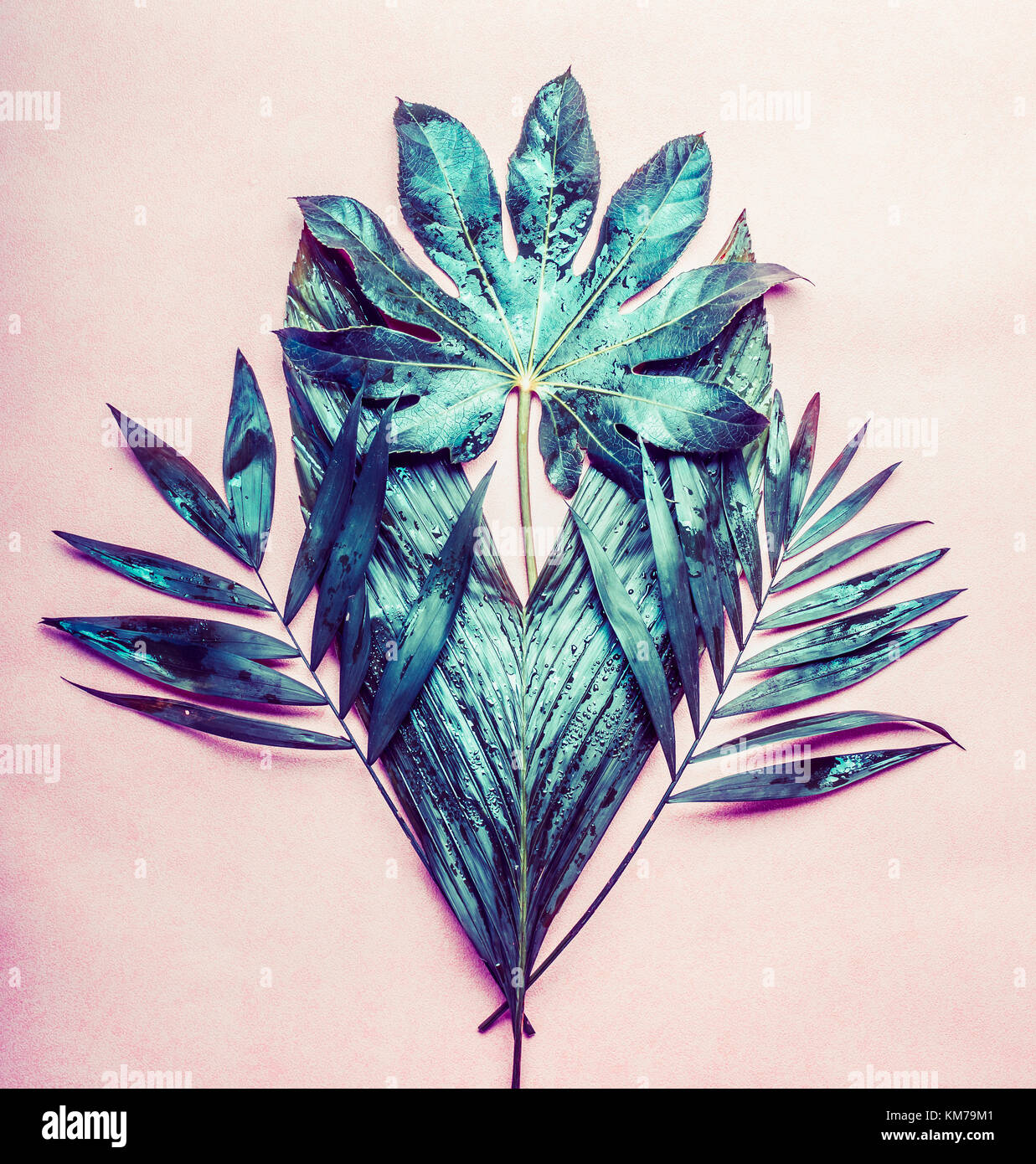 Tropical plants and leaves bunch flat lay on pastel pink background ...