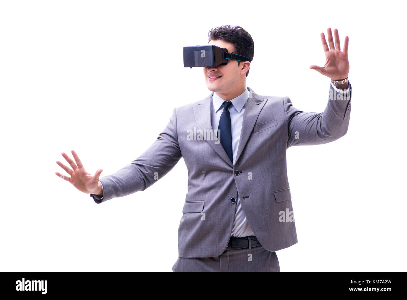 Businessman wearing virtual reality VR glasses isolated on white Stock ...