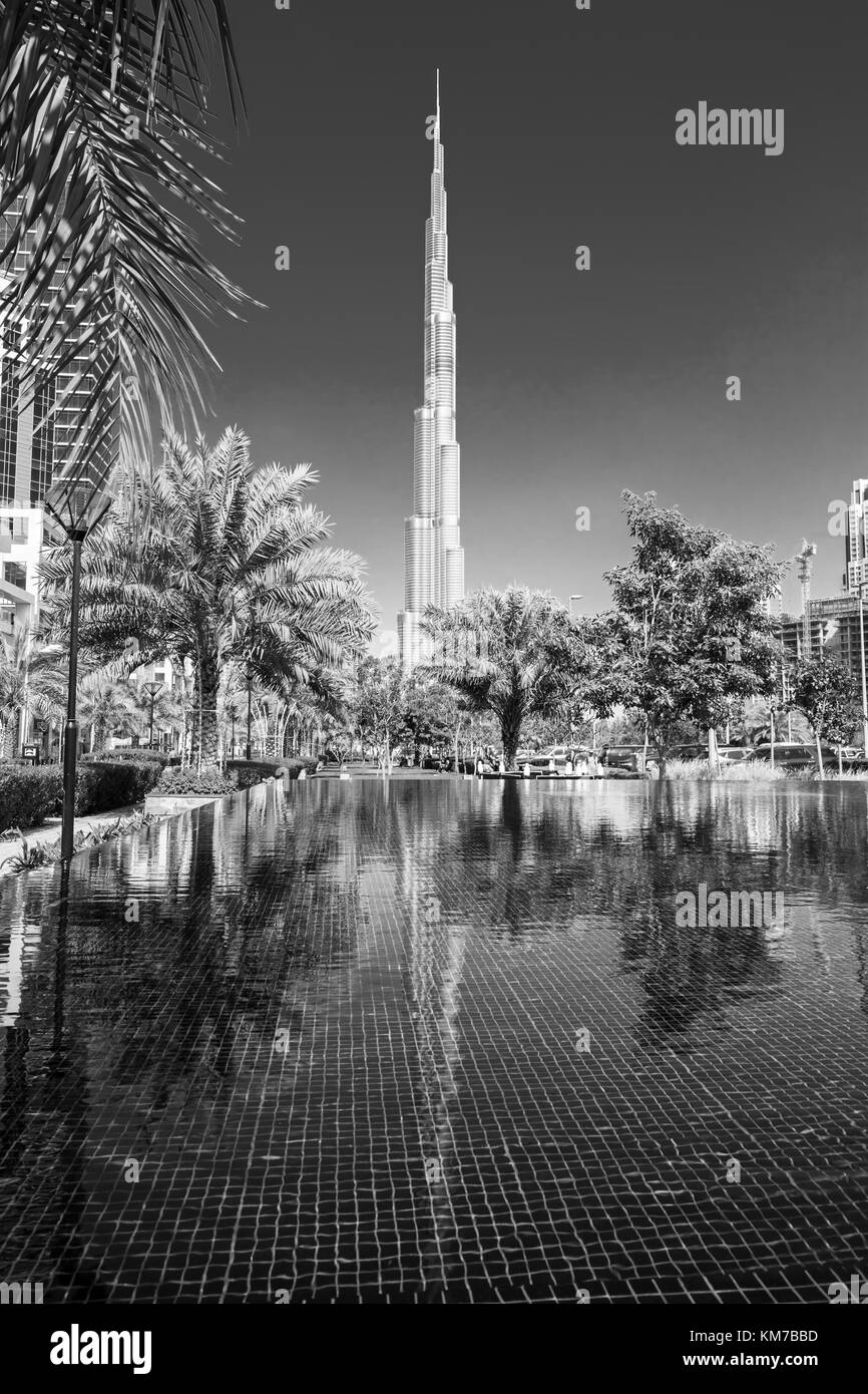 DUBAI ,UNITED ARAB EMIRATES-FEBRUARY 27, 2017: Beautiful Burj Khalifa and reflection in the water,United Arab Emirates Stock Photo