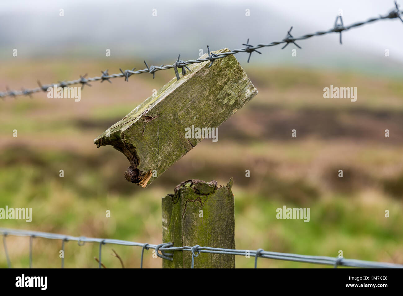 Damaged fence, seen near Carlton Bank, North Yorkshire, England, UK Stock Photo