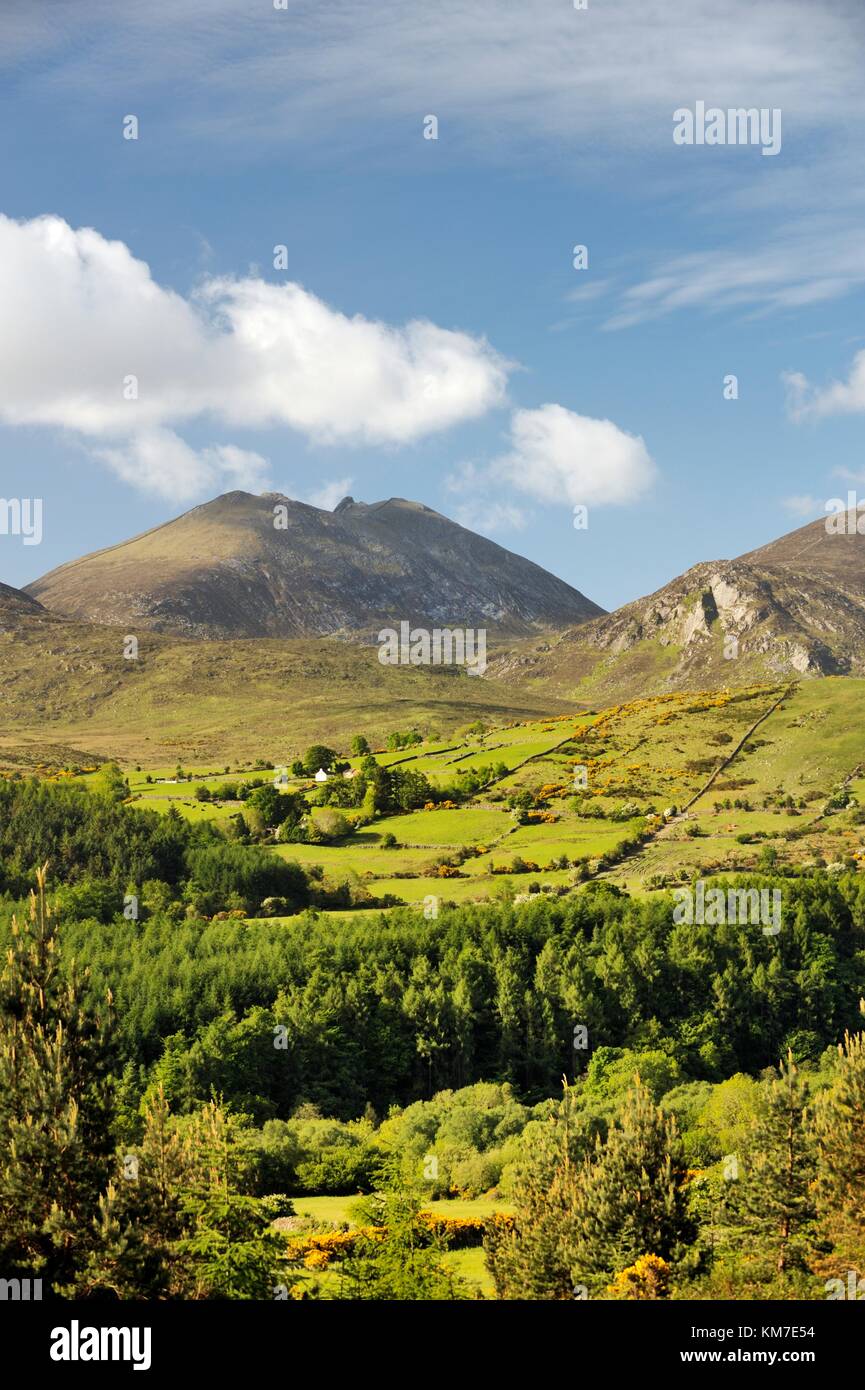 The Mourne Mountains, County Down, Northern Ireland. South over the Trassey Valley, Spellack and Hares Gap to Slieve Bearnagh Stock Photo