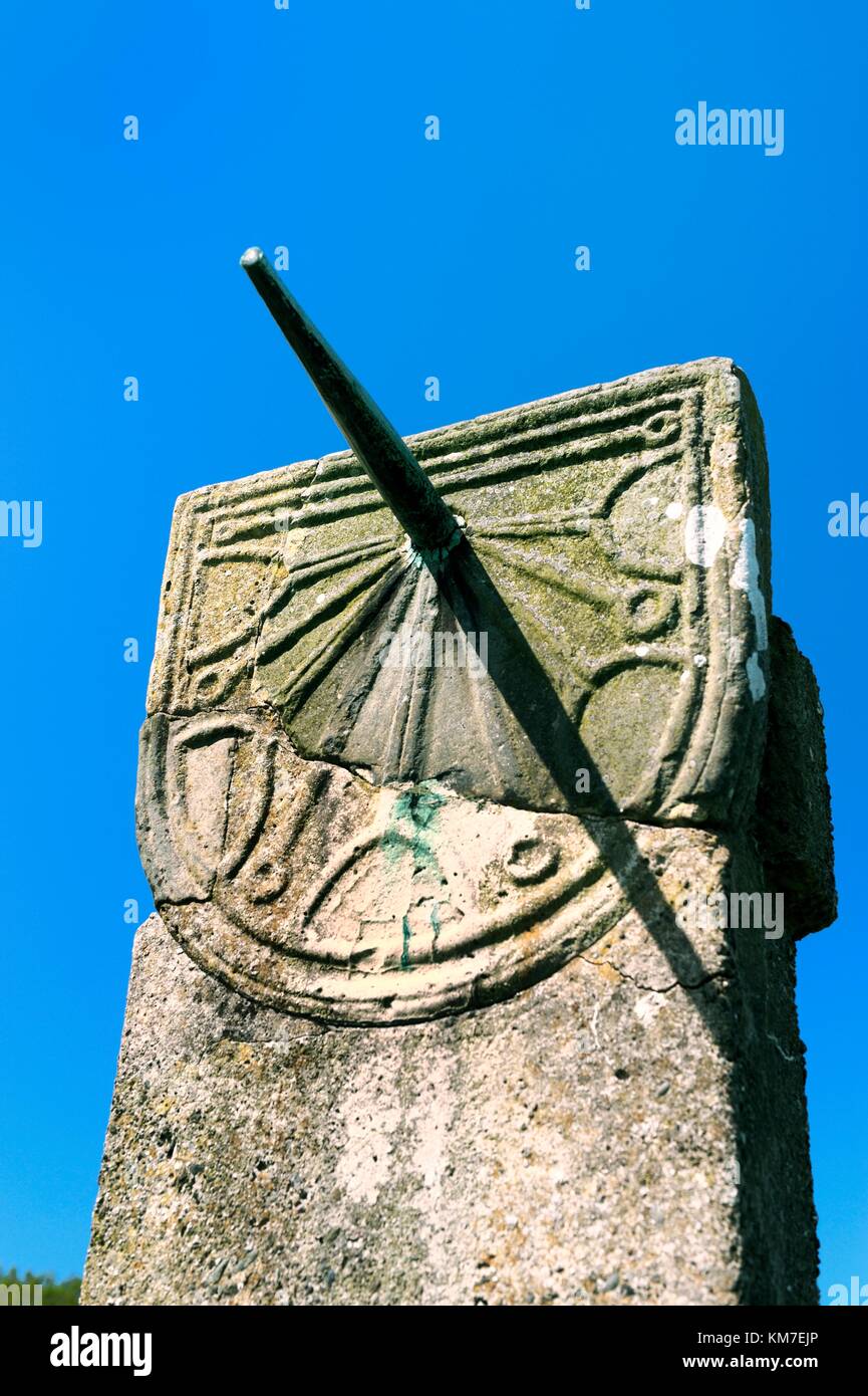 Mediaeval stone sundial of Nendrum Monastery, Mahee Island, Strangford Lough, Co. Down, Northern Ireland, UK Stock Photo