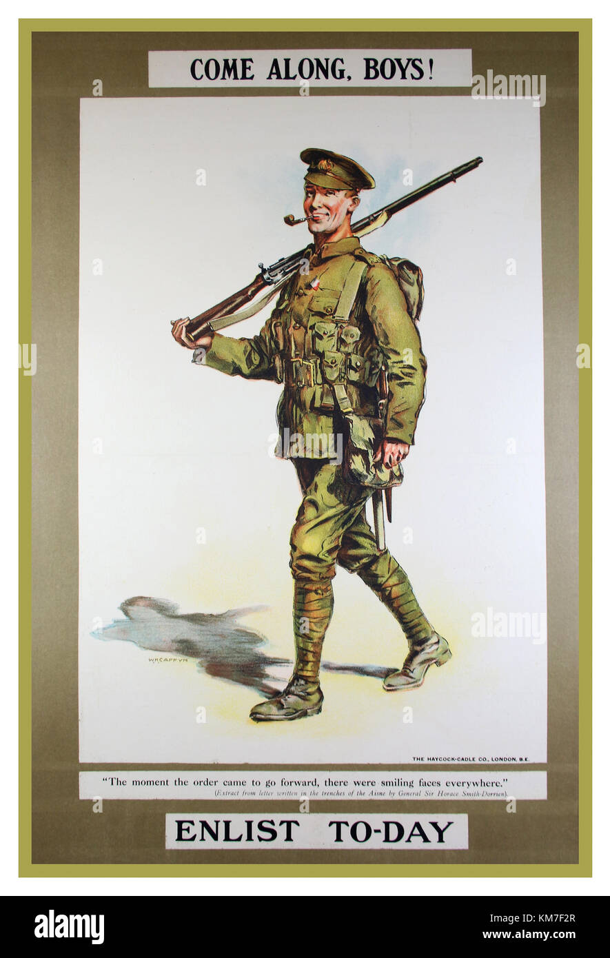 Vintage recruitment WWI Propaganda Poster British 'Come Along Boys' Enlist Today Army War Poster World War 1 Stock Photo