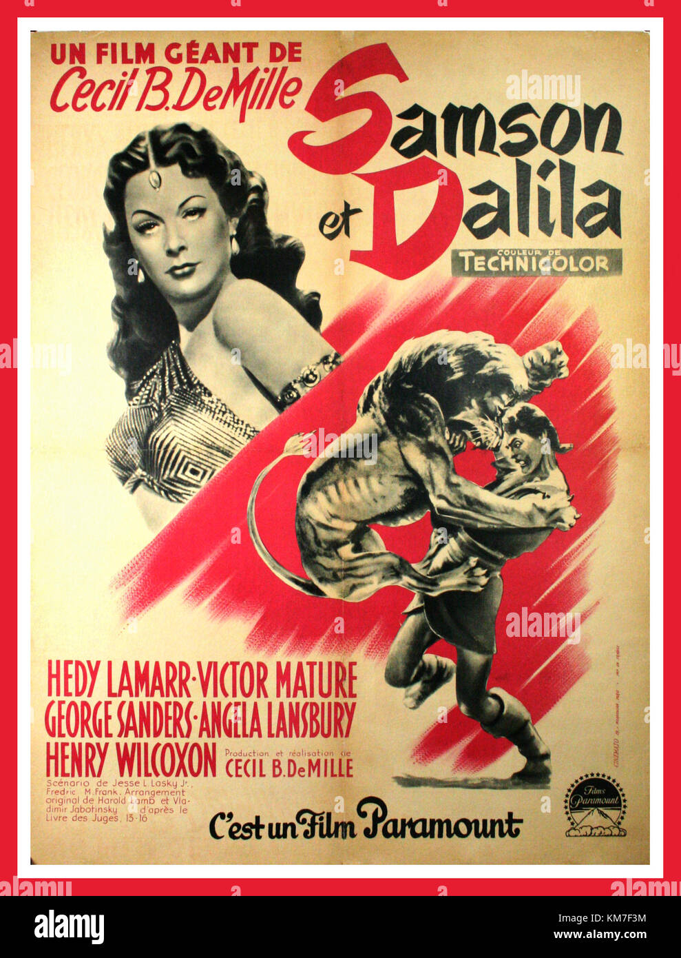 Vintage 1940's movie film poster SAMSON & DALILA 1949, Samson et Dalila (Samson and Delilah)  French movie poster starring Hedy Lamarr, Victor Mature and directed by Cecil B. DeMille. Poster for French audiences depicting Hedi Lamarr in a ruthless pose for this renowned biblical story. Stock Photo