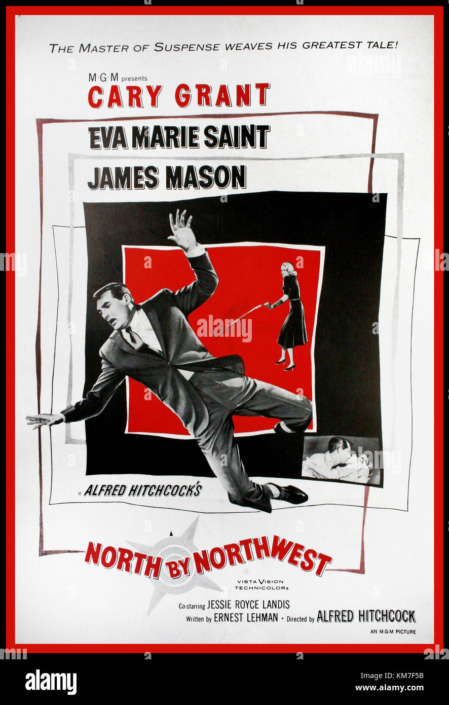 NORTH BY NORTHWEST, 1959. Original Vintage Classic Movie Film Cinema Theater Poster starring, Cary Grant, Eva Marie Saint, James Mason, Director Alfred Hitchcock  Writer Ernest Lehman. One of The Master of Suspense´s most legendary films, this poster is a representation of the maze the viewer is taken through as the story unravels. Stock Photo