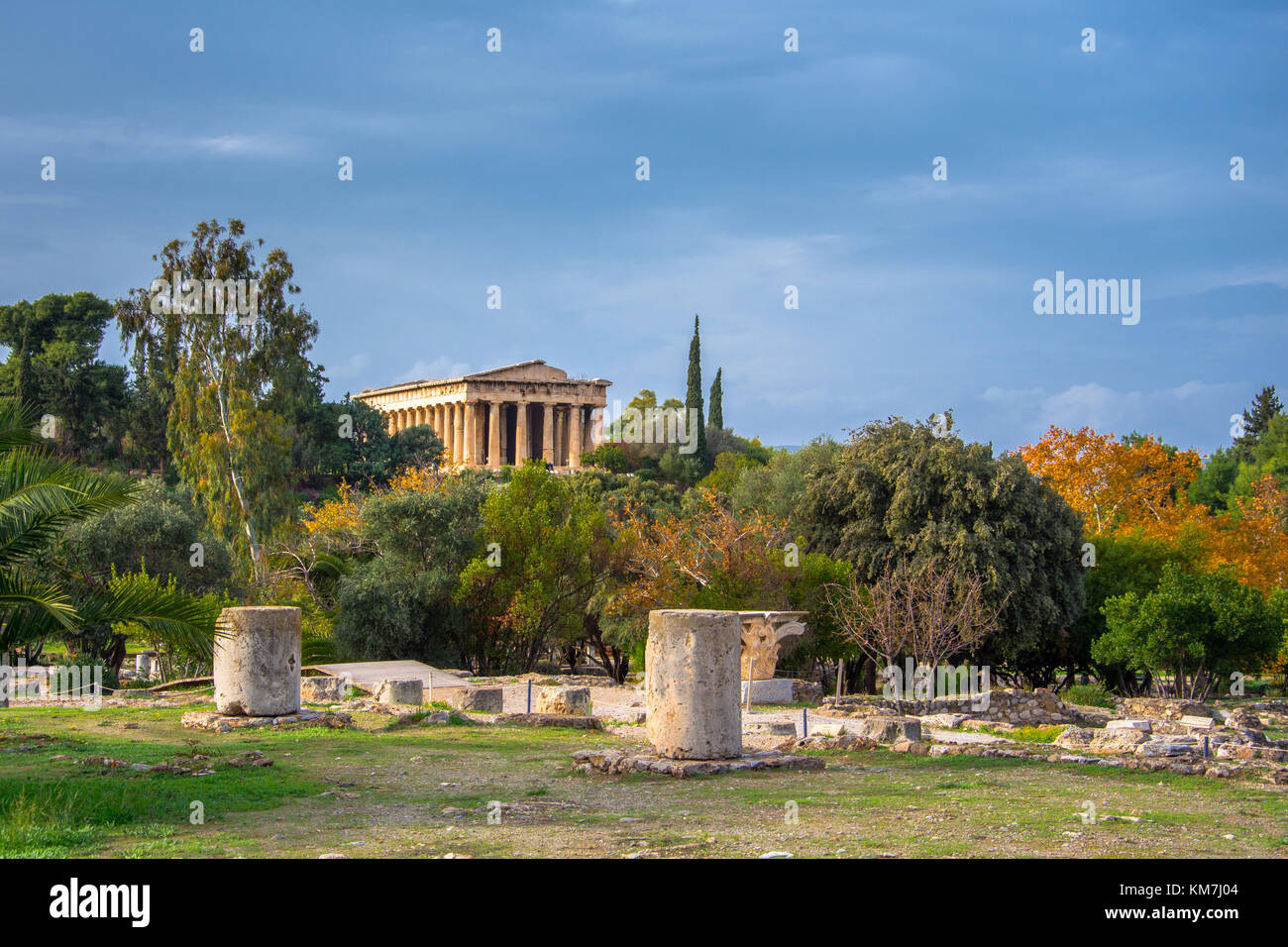 The Temple of Hephaestus in ancient market (agora) under the rock of Acropolis, Athens, Greece. Stock Photo