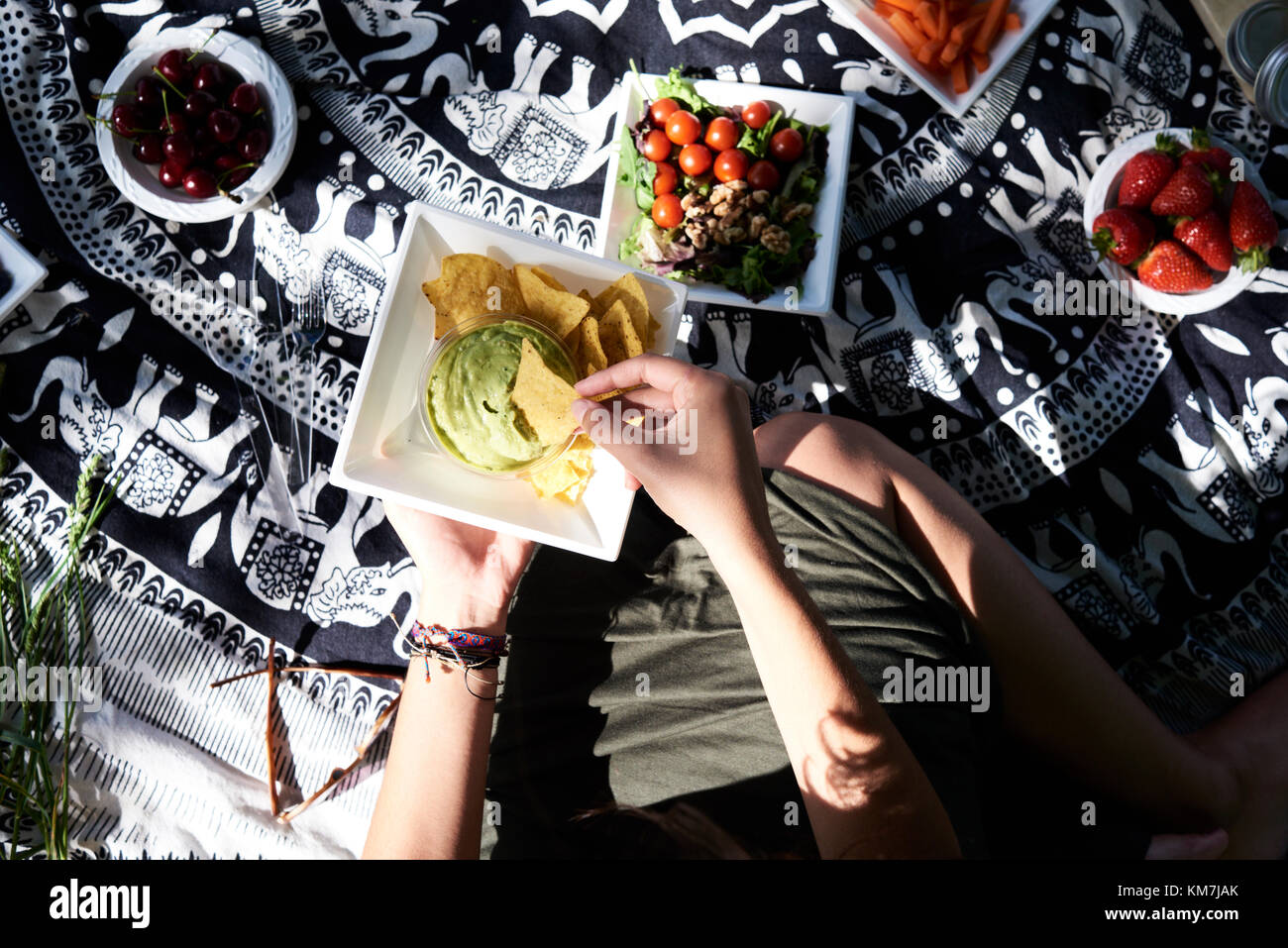 Uk, London, Hampstead Heath Park, overhead details of healthy food on picnic blanket, friends picnic at the park Stock Photo
