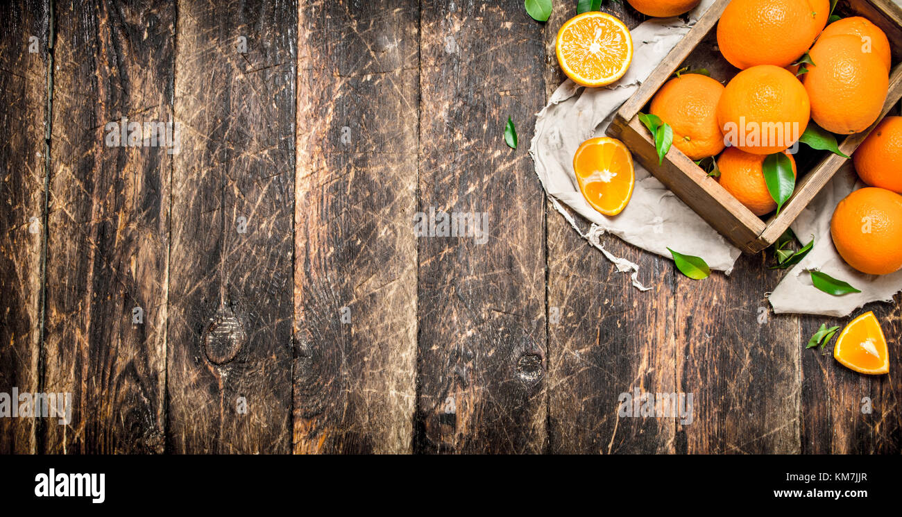 Fresh oranges in an old box. On wooden background Stock Photo - Alamy