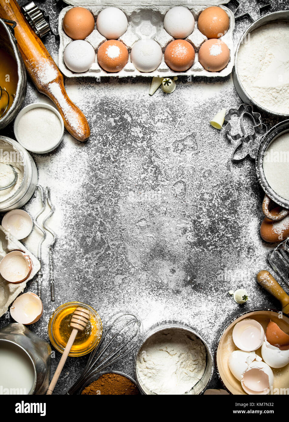 Baking background.Frame from a variety of ingredients for baking. On