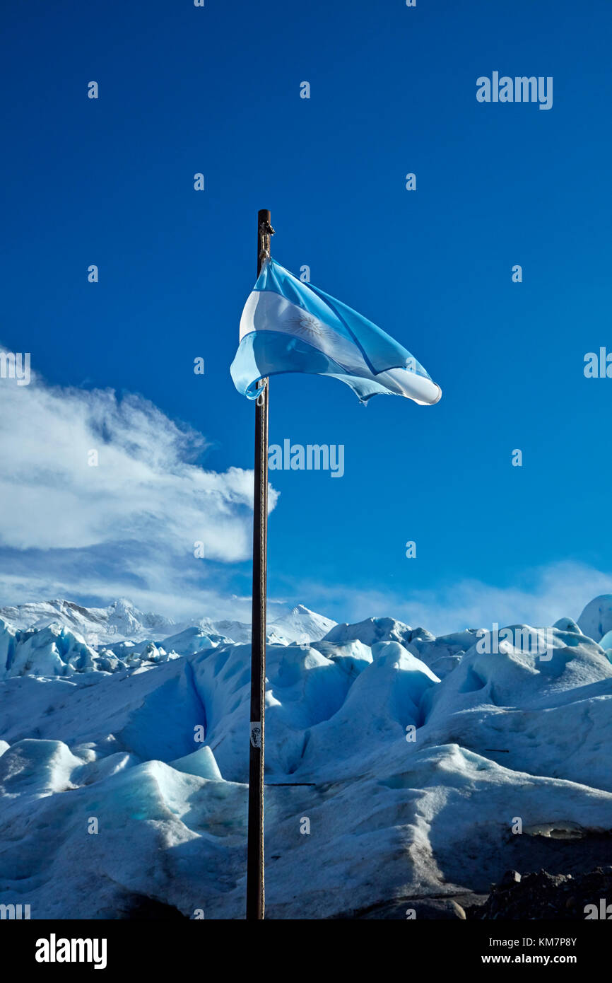 Argentina flag and Perito Moreno Glacier, Parque Nacional Los Glaciares (World Heritage Area), Patagonia, Argentina, South America Stock Photo