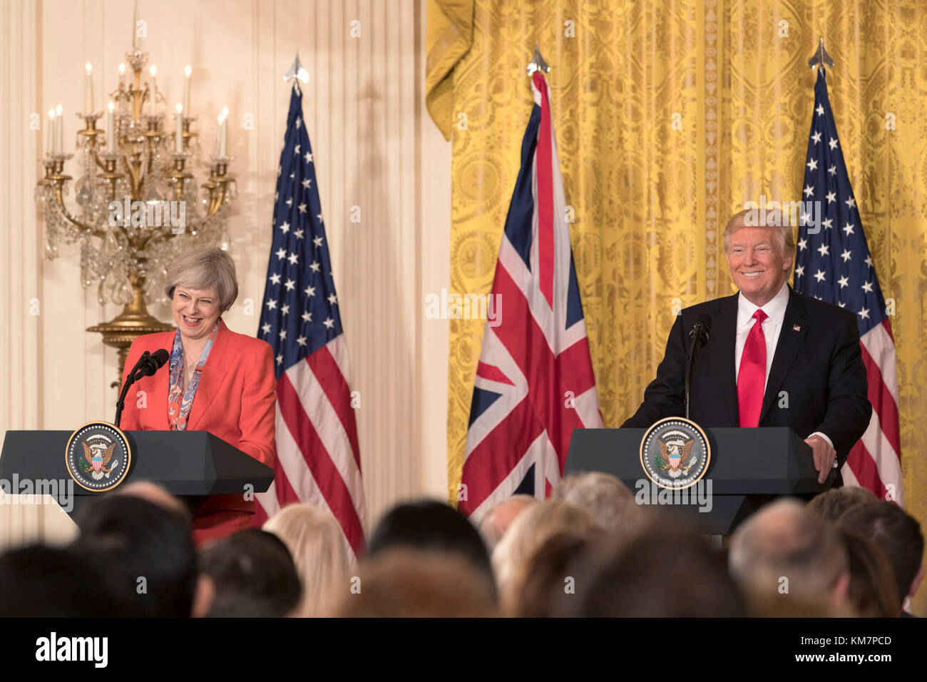 President Donald Trump and British Prime Minister Theresa May appear at a joint press conference, Friday, Jan. 27, 2017, in the East Room of the White House in Washington, D.C. Stock Photo