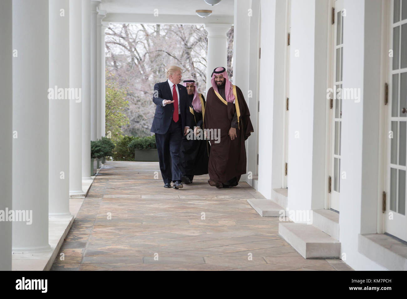 President Donald Trump walks with the Saudi Arabia’s Deputy Crown Prince Mohammed bin Salman, Tuesday, March 14, 2017, along the Colonnade outside the Oval Office of the White House in Washington, D.C. Stock Photo