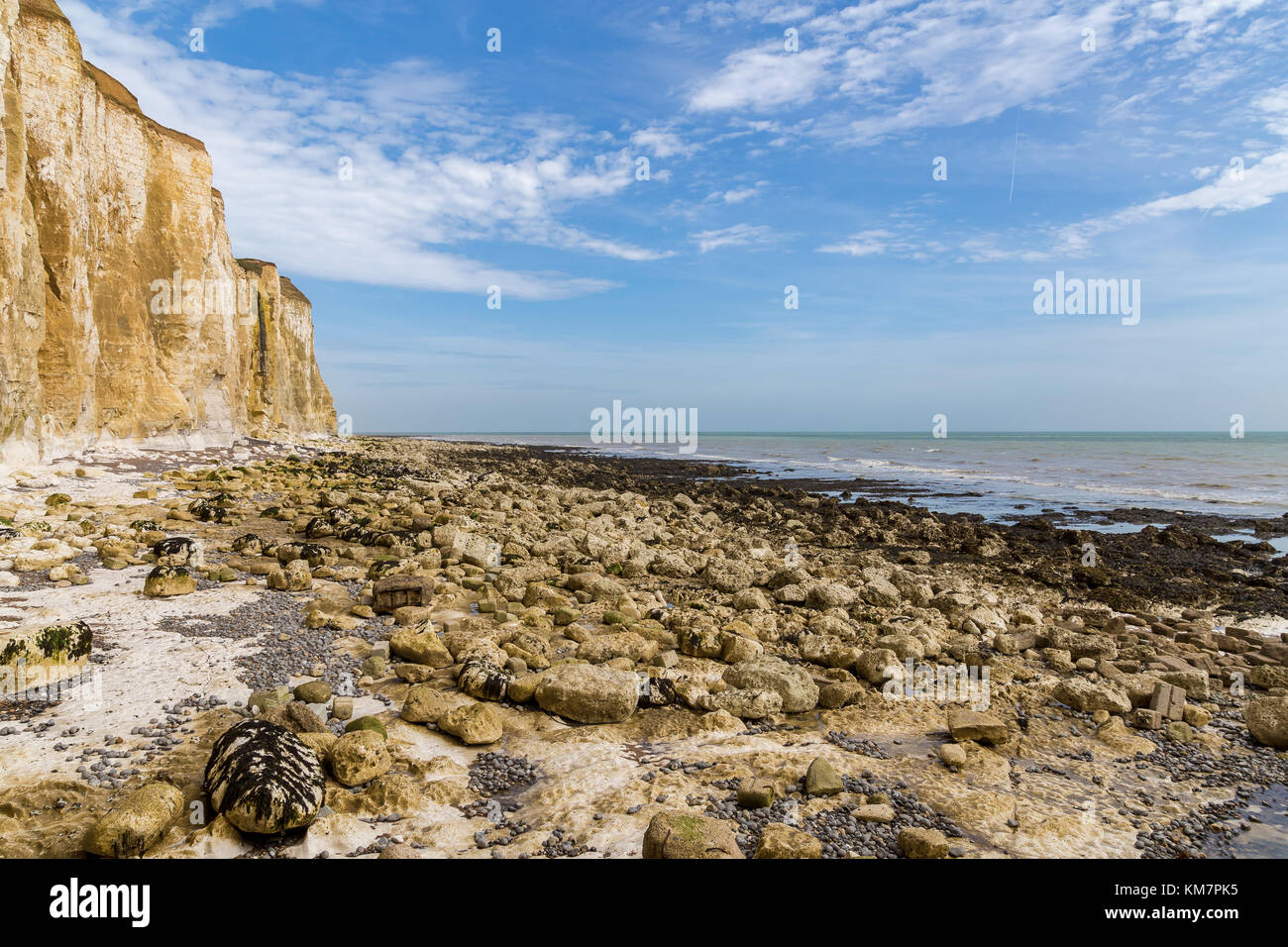 Chalk cliffs and coastline at Friars Bay, Peacehaven, near Brighton